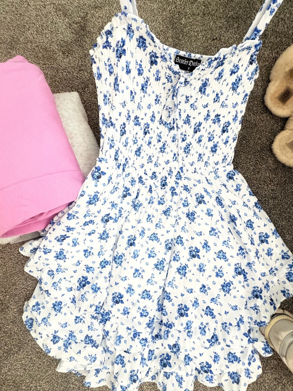 Smocked White Dress with Blue Floral Print by Sadie & Sage